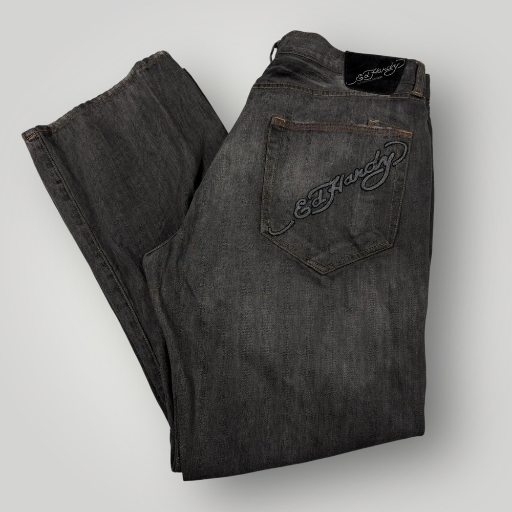 Ed Hardy Christian Audigier Mens 42x34 Distressed Faded Black Denim Jeans Y2K